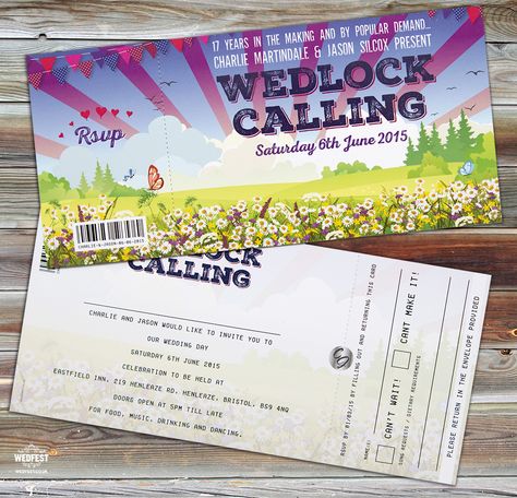 Wedlock Calling Festival Ticket Wedding Invites http://www.wedfest.co/wedlock-calling-festival-ticket-wedding-invites/ Festival Wedding Invitations, Woodstock Wedding, Music Festival Wedding, Ticket Wedding Invitations, Festival Style Wedding, Rock N Roll Wedding, Festival Bride, Festival Theme, Wedding Types