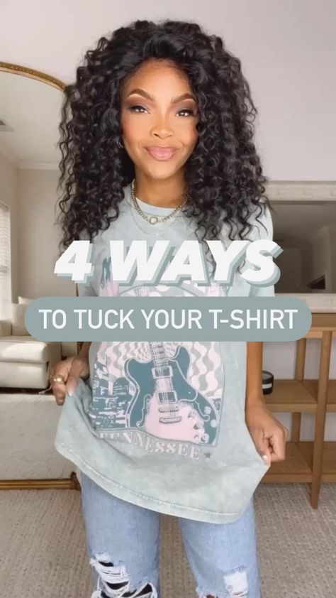 Pink Lily on Instagram: “4 must-try ways to tuck your tee🙌😍 SAVE this video for reference & shop graphics at pinklily.com now!! #hack #hacks #fashionhacks…” Ways To Tuck Tshirt, Tucked Graphic Tee Outfit, Graphic Tee Tucked Into Jeans, Tshirt Bra Tuck, Tshirt Tricks Tips, How To Tuck In Graphic Tee, Tucked In Tee Shirt Outfit, Oversize Tshirt Tuck In, Tucking In An Oversized Shirt