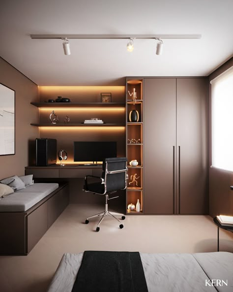 CGI - Home Office on Behance Home Study Rooms, Home Office Layouts, Bedroom Workspace, Modern Home Offices, Study Room Design, Small Home Offices, 아파트 인테리어, Luxury Homes Interior, Room Design Bedroom