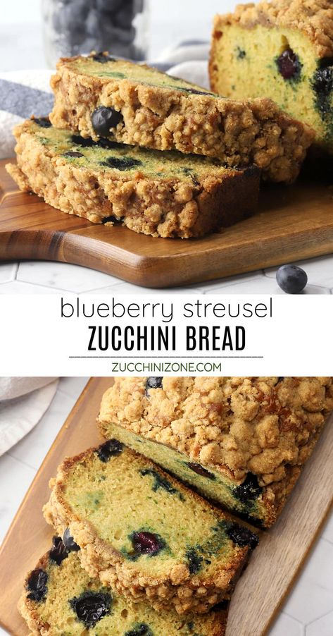 Blueberry streusel zucchini bread is the perfect quick bread for summer. It's filled with fresh blueberries and topped with a sweet brown sugar streusel. Zucchini Sweets, Zucchini Blueberry Muffins, Summer Squash Bread, Blueberry Zucchini Muffins, Healthy Zucchini Bread, Zucchini Desserts, Breakfast Brunch Party, Blueberry Zucchini Bread, Blueberry Zucchini