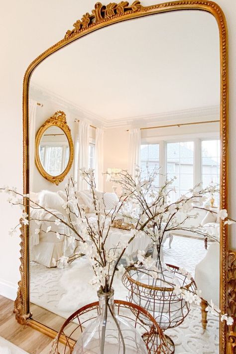 French Gold Mirror Living Rooms, Gold Mirror Living Room, Parisian Mirror, Floor Mirror Living Room, Mirror Over Fireplace, Gleaming Primrose Mirror, Gold Floor Mirror, French Country Mirrors, Large Gold Mirror