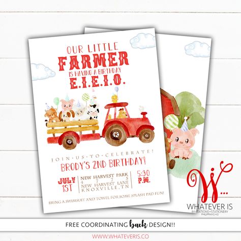 Farm 2nd Birthday Invitations, Second Farm Birthday, Farm Party Invite, Eieio Party, Three Eieio Birthday, Eieio Birthday, Farm Animal First Birthday Party, Farm Invitations Birthday, Petting Zoo Birthday Party