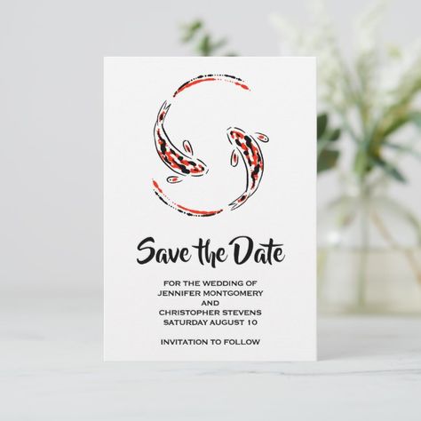 Black & Red Japanese Koi Fish Pair Save The Date #Ad , #ad, #Koi#Japanese#Pair#Fish Japanese Wedding Theme, Fishing Theme Wedding, Birthday Save The Date, Fish Wedding, Beautiful Wedding Cards, Funny Save The Dates, Fish Birthday, Save The Date Wedding Invitations, Homemade Wedding Gifts