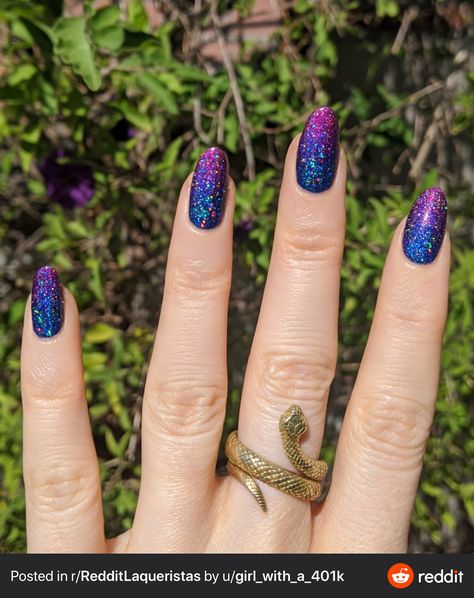 Magenta And Blue Nails, Pink And Blue Gradient Nails, Holo Nail Art, Holo Taco Nails, Holotaco Nails, Holo Taco Nail Art, Foot Nail Art Design, Simple Graduation Nails, Bi Nails