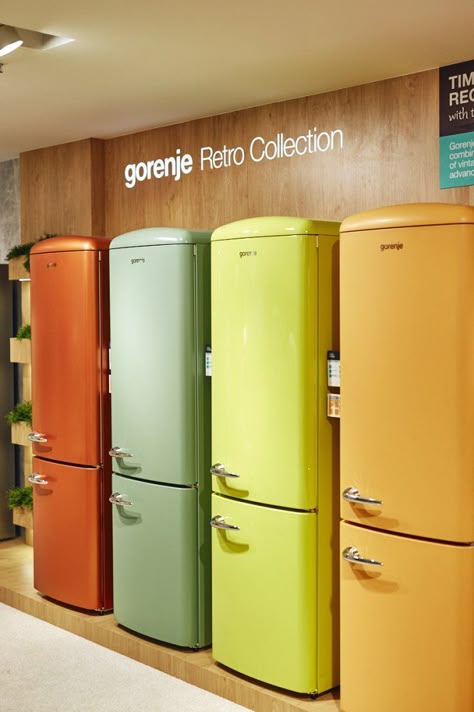 Gorenje Retro Fridge, Retro Fridge Kitchen, Jovial Playground, Tiny Cottage Kitchen, Retro Appliances, Retro Fridge, Retro Collection, Small Apartment Living Room, Apartment Decor Inspiration