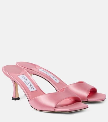 Skye 70 satin mules in pink - Jimmy Choo | Mytheresa Pink Designer Heels, Burmese Outfit, Footwear Photography, Pink Bridal Shoes, Jimmy Choo Sandals, Jimmy Choo Heels, Mid Heel Sandals, Fancy Shoes, Pink Sandals