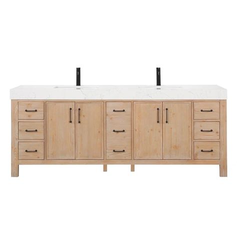 Lark Manor Aranwen 84'' Free Standing Double Bathroom Vanity with Cultured Marble Top & Reviews | Wayfair Wood Double Vanity, Ceramic Undermount Sink, Matte Black Hardware, Double Sink Bathroom, Double Sink Bathroom Vanity, Double Bathroom, Transitional Bathroom Vanities, Wooden Drawers, Bathroom Vanities For Sale