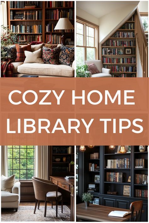 Collage of cozy home libraries with bookshelves, seating areas, and decorative accents. Reading Rooms Cozy, Library Den Ideas, Dream Library Cozy, Library In Living Room, Library Room Ideas Home, Cottage Core Library, Dream Library Home, Dream Library Cozy Reading Room, Reading Room Aesthetic