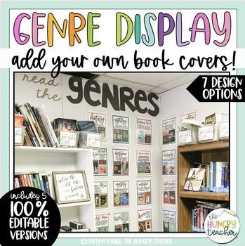 Creating your own unique and classroom-specific genre posters display or bulletin board display for your classroom is now easy! These genre posters come pre-filled with the genres and definitions and you will need to insert your own book covers. There are now also 100% editable versions of the posters includes so you can create your own additional posters. YOU WILL NEED TO INSERT YOUR OWN BOOK COVERS DUE TO COPYRIGHT ON BOOK COVERS. THERE IS A SIMPLE AND EASY TUTORIAL INCLUDED, AND THE POSTERS A Disney Library Bulletin Boards, Elementary Library Decor, Genre Bulletin Boards, School Library Book Displays, Library Bulletin Board Ideas, Middle School Ela Classroom, Reading Strategies Posters, Genre Posters, School Library Displays