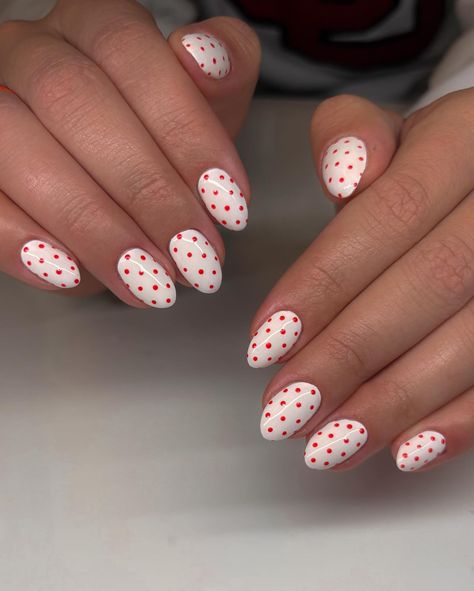 She’s beauty she’s grace #christmasnailinspo #utahnailtech Blue Nails With White Polka Dots, Red Dots Nails, Polka Dot Nails Christmas, White And Red Polka Dot Nails, Red Nails With White Dots, Winter Gel X Nails, Dotting Tool Nail Art Ideas, Pokadot Nails Acrylic, New Years Nails Red