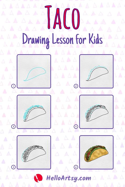 Find out how to draw a taco by following along with this fun drawing guide. Draw along with 6 easy steps to learn how to draw your first taco. Click through to check out the full drawing tutorial and access the downloadable PDF for a how to draw a taco. There you find full text descriptions to accompany the step by step drawing lesson and more! How To Draw A Taco Step By Step, Taco Drawing, Draw Food, Full Drawing, Doodle Art For Beginners, Drawing Lessons For Kids, Drawing Lesson, Easy Lessons, Reference Pics