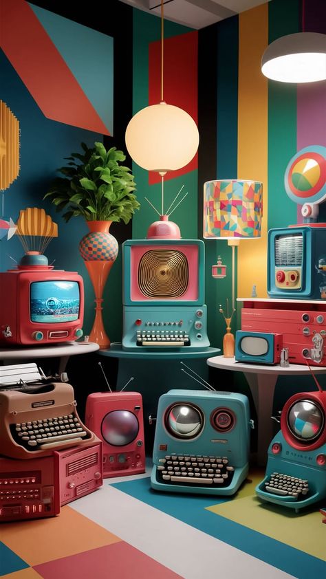 Step into a nostalgic realm with our Retro Tech Wallpaper! This vibrant scene marries Bauhaus and Pop Art influences, featuring geometric patterns and iconic vintage tech like typewriters, radios, and televisions. Adorned in whimsical designs and bright colors, experience a warm and inviting atmosphere where the charm of the past meets creative flair. Perfect for retro lovers and art enthusiasts! #RetroTech #VintageWallpaper #Bauhaus #PopArt Maximalism Graphic Design, 3 Witches, 80s Deco, Modern Nostalgia, Tech Wallpaper, Tv Store, Retro Tech, Retro Living Rooms, Future Apartment Decor