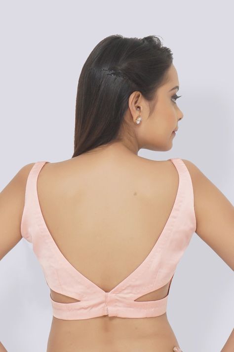 Buy Pastel Pink Satin Padded Blouse by Colorauction - Online shopping for Blouses in India Padded Blouse Designs Back, Non Padded Blouse Designs, Satin Blouse Designs For Saree, Back Designs For Blouse, Sleeveless Blouse Back Designs, Padded Blouse Designs, Outfits Ideas College, Back Design For Blouse, Backless Blouse Designs Sleeveless