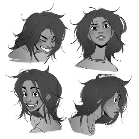 Character Expression Sheet Reference, Determined Expression Drawing, Long Hairstyle Reference, Angry Character Pose, Agonized Expression, Character With Curly Hair, Messy Hair Drawing, Cartoon Illustration Characters, Drawing Black Hair