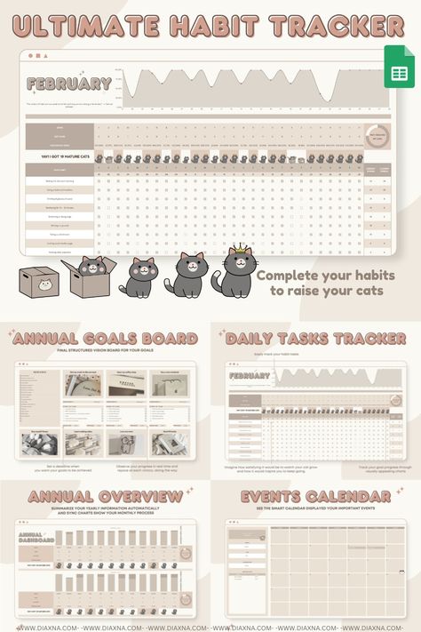 Track your habits in style with the Aesthetic Earthy Brown Cute Cat Theme Habit Tracker Google Sheets Template Dashboard by Pawfect Plan. This adorable and interactive template offers yearly, monthly, weekly, and daily trackers to help you improve your health, work-life balance, and prioritize what Google Sheets Dashboard Design, Google Sheets Templates, Habit Tracker Ideas, Dashboard Design Template, Life Tracker, Habit Tracker Template, Spreadsheet Design, Daily Planner Sheets, Budget Template Free