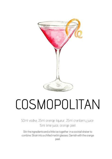 Cocktail Board, Cosmopolitan Drink, Bartender Drinks Recipes, Cosmopolitan Cocktail, Bartender Drinks, Pretty Alcoholic Drinks, Cocktail Martini, Cocktail Illustration, Cocktail Poster