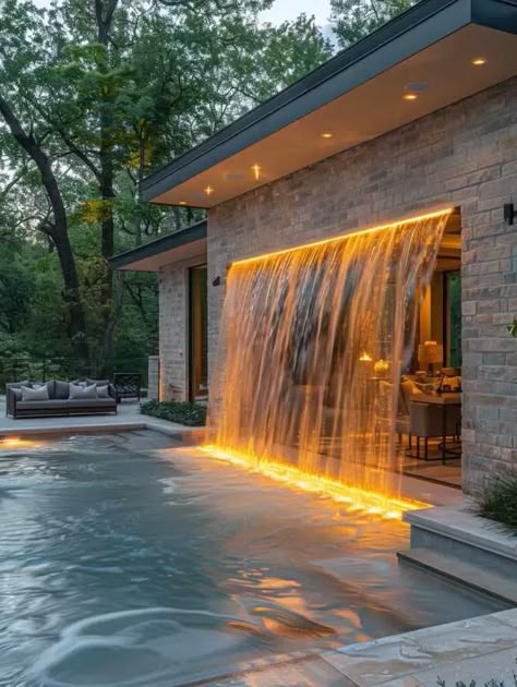 Small Pool Backyard Landscaping, Modern Pool With Waterfall, Small Pool Waterfall Ideas, Diy Pool Waterfall How To Build, Reflection Pool Garden, Pool With Fountain Wall, Pool With Waterfall Wall, Waterbody Landscape, Fountain In Backyard