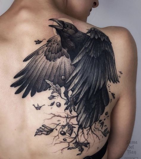 210+ Coolest Crow Tattoos Ideas With Meanings (2022) - TattoosBoyGirl Crow On Shoulder Tattoo, Full Back Feminine Tattoo, Raven Pair Tattoo, Large Crow Tattoo, Raven Tattoo On Back, Crow Tattoo Back, Two Crows Tattoo, Raven Tattoo Back, Two Ravens Tattoo