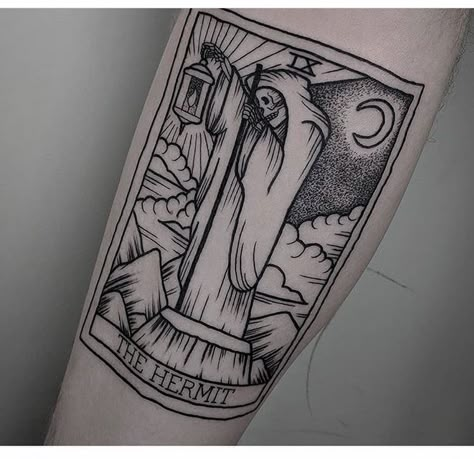 #tattoo #tarotcardtattoo #tarot #occult #thehermit Gotik Tattoo, Hermit Tarot, The Hermit Tarot, Shadow Tattoo, Moon Card, Nouveau Tattoo, Tarot Tattoo, Tarot Card Tattoo, Card Tattoo Designs