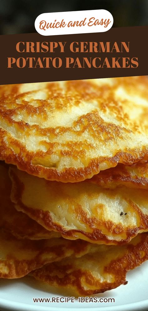 This pin features a close-up of crispy German potato pancakes, showcasing their delicious texture. The recipe is simple and perfect for breakfast or a side dish, appealing to lovers of traditional German cuisine. Breakfast Potato Pancakes, German Potato Pancakes Easy, Potato Waffles Recipe, Country Potatoes Breakfast, Potato Pancakes Shredded, Recipe For Potato Pancakes, Potato Pancakes From Mashed Potatoes, Potatoes Pancakes, Potatoe Pancakes