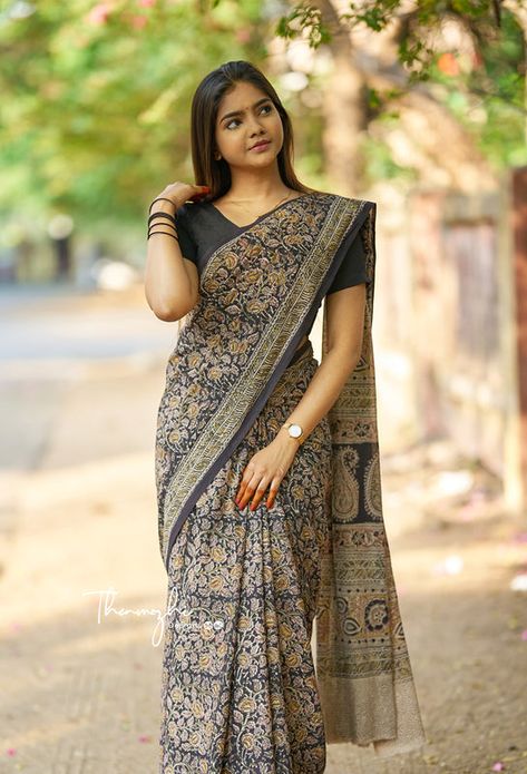 Black Cotton Saree, Cotton Saree Blouse Designs, Saree Sale, Cotton Sarees Online, Cotton Saree Blouse, Saree Cotton, Sarees Cotton, Kalamkari Saree, Half Saree Designs