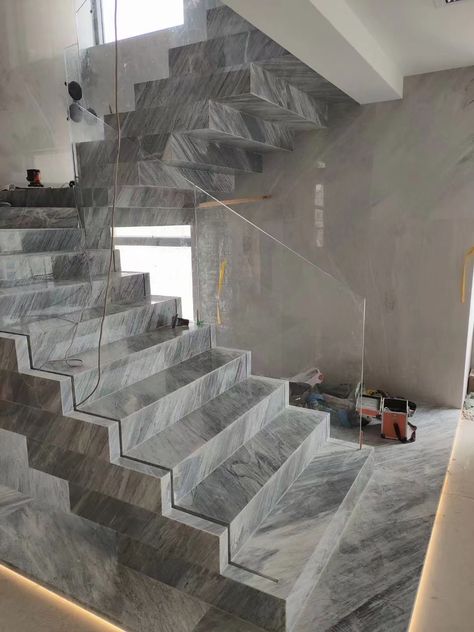 Marble Stairs - Cheap Marble Stair Treads and Risers Price Staircase Design Tiles, Grey Marble Stairs, Modern Steps, Stair Treads And Risers, Stairs Tiles Design, Light Grey Flooring, Granite Stairs, Stairs Treads And Risers, Tile Steps