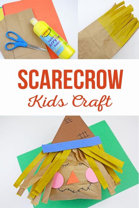 Paper Bag Scarecrow Craft | A simple, fun preschool kids craft for the Fall. Paper Bag Scarecrows are easy to make with supplies you already have on hand! #kidscraft #fallkidscraft #halloweenkidscraft #scarecrowcraft Brown Paper Bag Scarecrow Craft, Paperbag Scarecrow Craft, Paper Bag Scarecrow Craft Preschool, Preschool Scarecrow Craft Free Printable, Paper Bag Scarecrow Craft For Kids, Scarecrow Craft For Preschool, Mini Scarecrows Craft, Toddler Scarecrow Craft, Scarecrow Paper Bag Craft