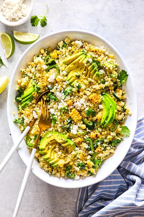 Quinoa Avocado Salad, Easy Bbq Side Dishes, Asian Quinoa Salad, Salad With Corn, Salad Recipe Ideas, Greek Quinoa Salad, Charred Corn, Corn Avocado, Avocado Quinoa