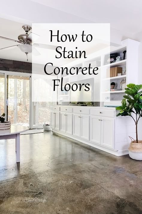 Stain Concrete Floors, Diy Stained Concrete Floors, Seal Concrete Floor, How To Stain Concrete, Concrete Floors In House, Concrete Floors Diy, Diy Concrete Stain, Interior Concrete Floors, Concrete Basement Floors