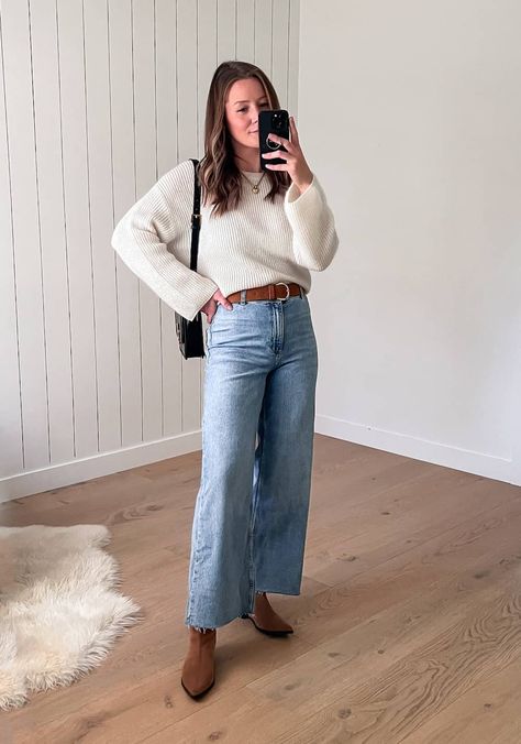 Winter Jeans Outfit Work, Wide Leg Jean Trousers Outfit, Raw Hem Wide Leg Jeans, Wide Crop Jeans Outfit, Wide Leg Jeans Outfit Cropped, High Rise Wide Leg Crop Jeans Outfit, Women Wide Leg Jeans Outfit, Wide High Waist Jeans Outfit, How To Style Wide Leg Jeans In Winter