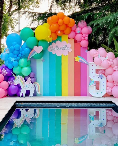 Unicorn Balloon Decor, My Little Pony 1st Birthday Party, Unicorn Themed Birthday Party Decoration, Birthday Rainbow Theme Decoration, My Little Pony Birthday Party Decorations, 1st Birthday Rainbow Theme, Rainbow Unicorn Birthday Party Decorations, Rainbow Theme Party Decorations, Pool Party Ideas For Kids