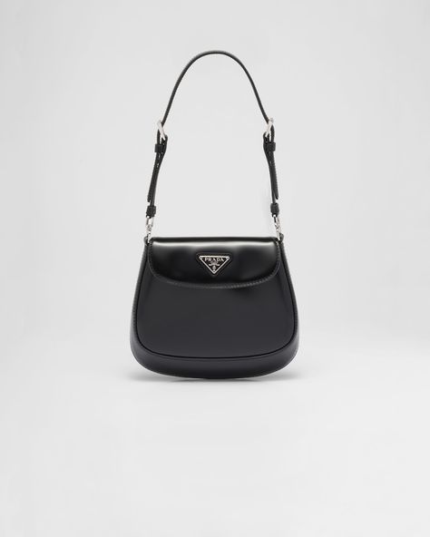 Black Prada Cleo brushed leather mini bag | Prada Prada Cleo Bag, Cleo Bag, Prada Cleo, Prada Mini, Leather Mini Bag, Prada Collection, Prada Shoulder Bag, Triangle Logo, Flap Bag