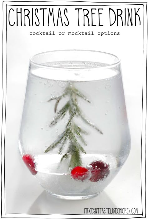 Celebrate the holidays with this festive Christmas Tree Drink! This recipe has options for both cocktails and mocktails so that everyone can have a drink. The Christmas "tree" is made from a sprig of rosemary that is frozen in ice, with cranberries or pomegranate seeds for decoration. #itdoesnttastelikechicken #christmas #cocktail #mocktail Vegan Christmas Drinks, Christmas Tree Drink, Christmas Tree Cocktail, Christmas Drinks Nonalcoholic, Vodka Mojito, Xmas Cocktails, Party Punches, Christmas Drinks Recipes, Cocktails And Mocktails