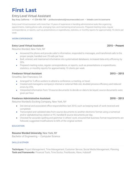 Entry-Level Virtual Assistant Resume Examples for 2024 | Resume Worded Virtual Assistant Resume, Resume Guide, Education Resume, Entry Level Jobs, Virtual Assistant Jobs, Resume Words, Administrative Assistant, Meeting Notes, Job Work