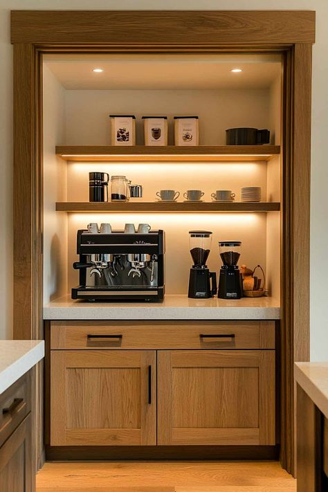 42 Dream Kitchen Bar Design Ideas for the Heart of Your Home Coffee Counter Design Home, Coffee Bar End Of Counter, Coffee Counter Home, Coffee Built In, Coffee Station Hidden, Wine And Coffee Bar Ideas Kitchens, Hallway Coffee Bar, Pot Filler Coffee Bar, Coffee Bar In A Closet