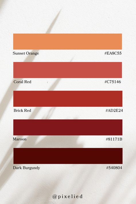 This palette combines warm and intense hues, from sunset orange and coral red to deep shades of brick red, maroon, and dark burgundy. The rich and vibrant colors create a dramatic and energetic feel, perfect for making bold statements in design. Red Earth Tone Color Palette, Brick Red Color, Brick Red Colour Palette, Red Color Palette Combination, Brick Red Color Palette, Red Color Outfits, Color Scheme Generator, Earth Colour Palette, Color Generator