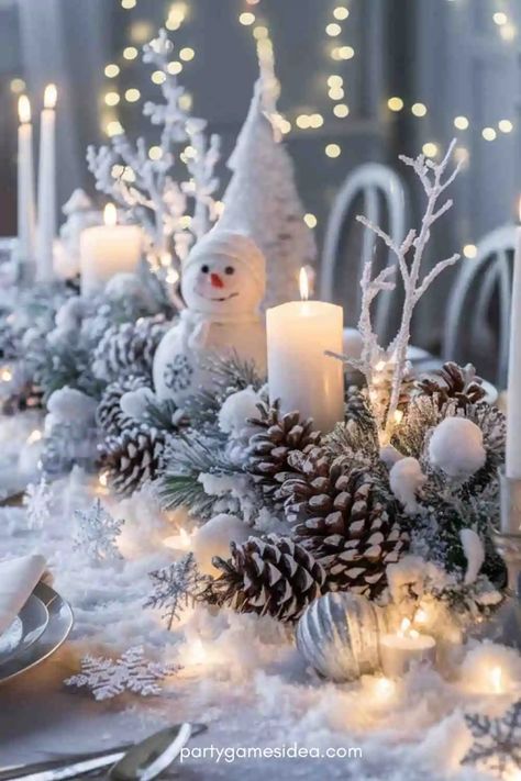 45 Stylish Christmas Dining Table Centerpiece Ideas - Fun Party Games Ideas for Adults and Kids Snow Themed Tablescape, Winter Wonderland Dinner Table, Winter Wonderland Table Setting Ideas, Snowman Table Centerpieces, Winter Wonderland Christmas Party Decorations, Snowman Table Decorations Centerpieces, January Table Decor, Snow Tablescape, January Centerpieces