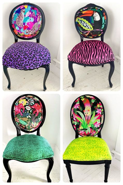 The Fab Four Dining Chair Collection flaunts a flamboyant mix of funky animal prints and is a great option for lovers of Maximalist designs! Wondering how exactly a set like this might look in the home? Checkout the last pic in this listing. It shows just how fun & inviting this set looks in a client's dining room!   It doesn't get any more fun than this! Your dinner guests are going to swoon!  This particular set has sold but I can design one like it just for you! Just message me to see the customizable dining sets in my current inventory! The price of this chair includes: Note: Designs & colors can be customized to suit your home's decor!  * Frame Refurbishment: I carefully refurbish my customizable frames. They are stripped of old fabric & foam, washed, sanded and custom painted with hi Tacky House Decor, Funky Painted Chairs, Funky Dining Room, Upholstered Chairs Diy, Redone Furniture, Eclectic Chairs, Chairs Diy, Upcycle Furniture, Funky Chairs