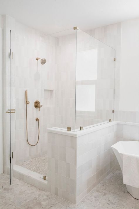 #ProjectBressiRanchReno — LS Design Studio Shower French Door, Square Shaped Bathroom Layout, Full Glass Shower Master Bath, 2 Sided Shower Enclosure, Shower And Freestanding Tub Side By Side, Partial Glass Shower Wall, Shower Wand Placement, Vanity Next To Shower Wall, Square Bathroom Layout Floor Plans