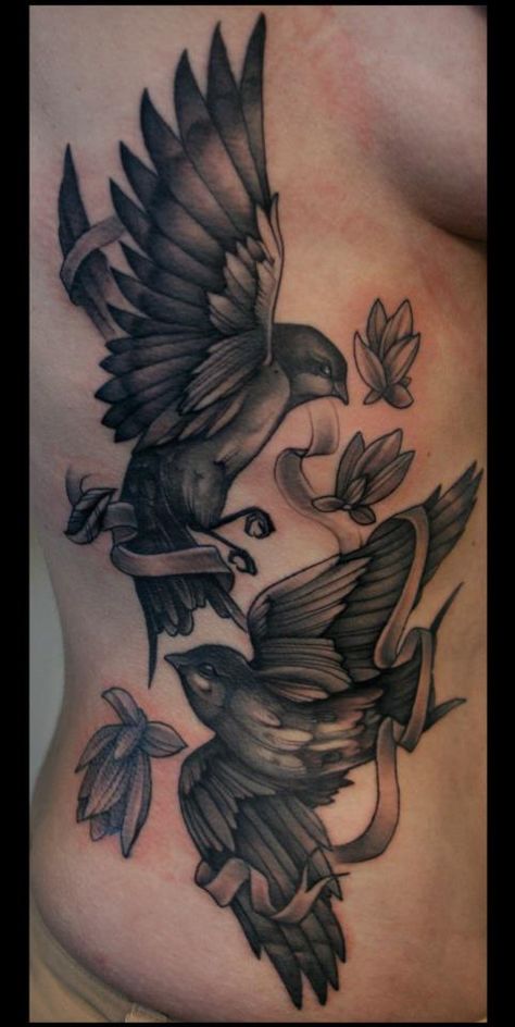 Mitch Allenden Birds Tattoo Two Birds Tattoo, Tattoo Klein, Vogel Tattoo, Ribbon Tattoos, Inspiration Tattoos, Side Tattoos, Tattoo Illustration, Up Tattoos, Two Birds