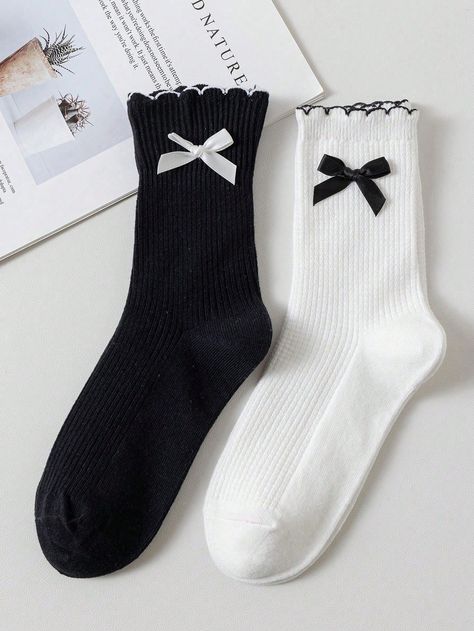 2 Pairs Women's Black & White Contrast Bow Trim Ribbed Crew Socks, Comfy, Breathable, Stylish, Versatile Knee-High Socks For Daily Wear Multicolor    Fabric Plain    Women Socks & Hosiery, size features are:Bust: ,Length: ,Sleeve Length: Loafers With Socks, Socks Party, Women Crew Socks, Night Dress For Women, Comfortable Socks, Women Socks, Black Socks, Cute Socks, Calf Socks