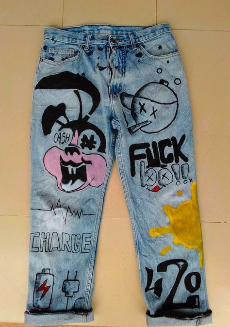 Trippy Pants Painting, Birthday Pants, Stack Jeans, Custom Jeans Diy, Gentleman Lifestyle, Painted Clothes Diy, Ripped Pants, Cute Clothing Stores, Earthy Outfits