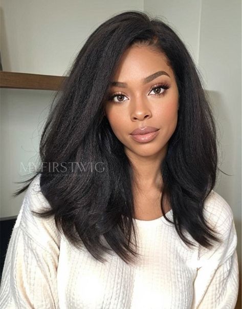 Kinky Straight HD Lace Wear & Go Glueless Wig - CLK002 Very Black Women, 16 Inch Wig Styles, Yaki Quick Weave, 60s Black Hair, African American Wigs For Older Women, Medium Length Sew In Weave Straight, Black Hair Styles Straight, Yaki Lace Front Wig, Glueless Human Hair Wigs