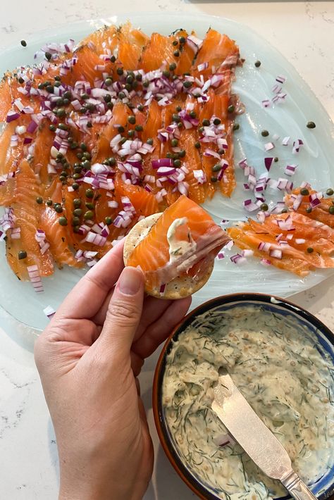 Salmon Gravlax Recipe, Pan Fried Fish Recipes, Gravlax Recipe, Lox Recipe, Grace Atwood, Popular Appetizers, Make Ahead Appetizers, Finger Food Appetizers, Seafood Dinner