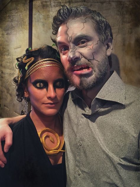 I had way too much fun with my Medusa halloween costume. My boyfriend was my stone statue and I finally found the perfect excuse to put makeup on him. Statue Costume Men, Man Of Stone Costume, Stone Man Makeup, Statue Makeup Stone, Medusa Stone Man Costume, Medusa Stone Man, Stone Statue Costume, Medusa And Statue Costume, Stone Man Costume