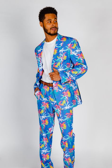 Introducing Date Night Delight Suit by Shinesty. This Palm Trees and Pineapples Tropical Blazer is made of a premium polyester and crafted with fully-fused front panels and collar, plus four internal double welt pockets so you can stash cigars, flasks, or any other vices you deem necessary. Mix and match sizing, free domestic exchanges and returns. Love You Funny, Crazy Party, Plus Fours, Crazy Man, Party Pants, Man Party, Party Suits, Slim Fit Blazers, Printed Blazer