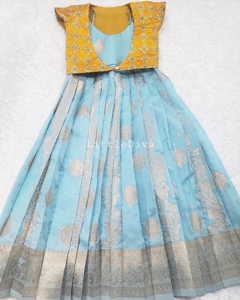 Banarasi georgette gown with yellow waist coat in heavenly combo aqua blue ... . . For details watsapp 99002 45671 . . . #kidslehangas… | Instagram Long Frocks Design, Long Frocks Indian Designer Dresses, Long Frocks Indian, Indian Dresses For Kids, Cotton Frocks For Kids, Frocks For Kids, Georgette Gown, Kids Dress Collection, Kids Blouse Designs