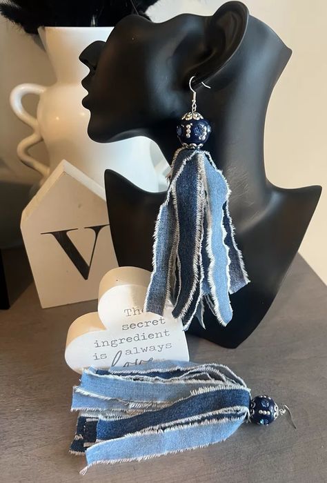 Handmade Denim Lightweight Frayed Fabric Earrings, Boho Tassel Earrings | eBay Cloth Jewellery Handmade, Tassel Earrings Diy, Jean Earrings, Denim Tassel, Leather Tassel Earrings, Frayed Fabric, Diy Tassel Earrings, Tassels Earrings, Denim Earrings