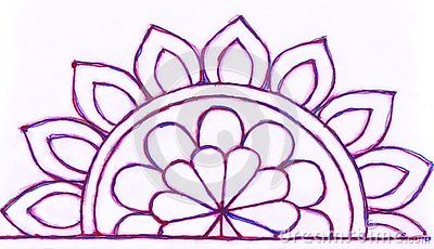 A gel pen hand drawn semi circular petaled design of a half circle on paper. Half Kolam Design, Rangoli Designs In Semi Circle, Simple Rangoli Designs Half Circle, Diwali Rangoli Half Circle, Simple Circle Rangoli Design, Rangoli In Circle Design, Circular Rangoli Designs Diwali, Easy Circle Rangoli Designs, Semi Circle Rangoli Designs Diwali