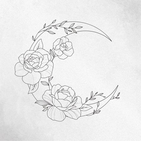 Crescent Moon Illustration, Forest Bouquet, Dreamcatcher Drawing, Floral Crescent Moon, Hand Drawn Wreath, Drawn Wreath, Flower Lavender, Small Quote Tattoos, Crescent Moon Tattoo